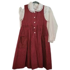 Handmade Red Calico Prarie Dress Lace Trim Button Up & White Blouse Vintage